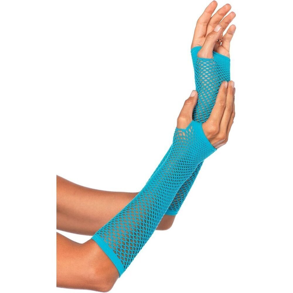Faux Lace-Up Fingerless Glove Arm Warmers Womens Neon Blue Nylon Spandex